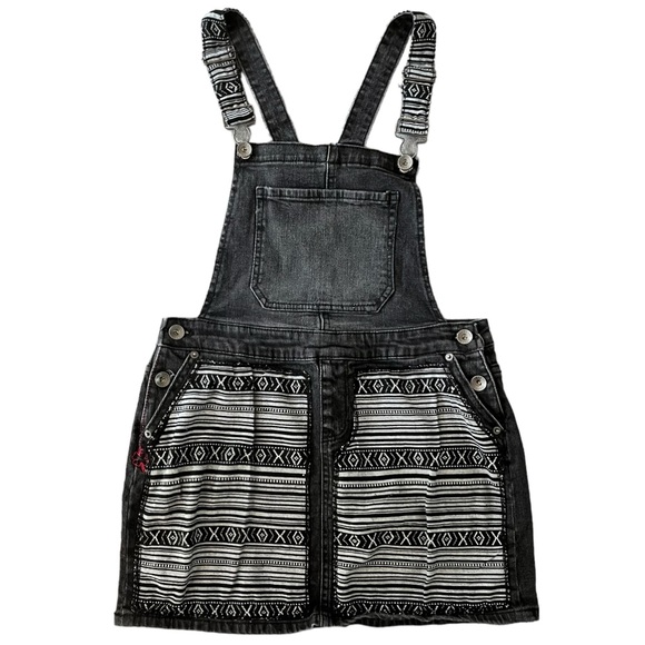 Lucky Brand Girls Black Bib Denim Overall Dress Boho Jumper Southwestern - Picture 1 of 16